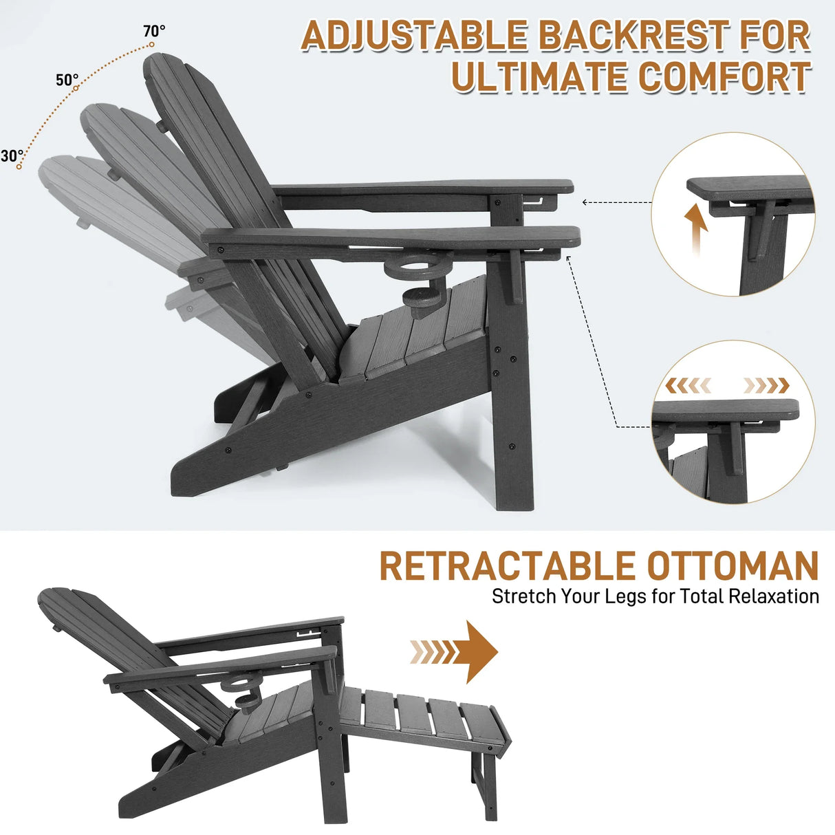 Adjustable Adirondack Chair HDPE Outdoor Recliner With Ottoman - Product showcase