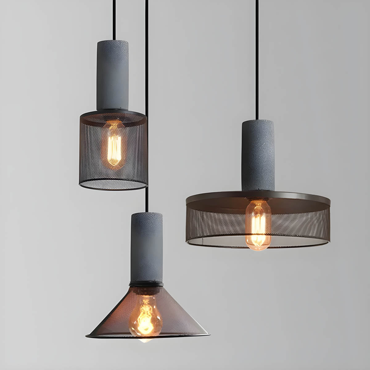 Industrial Pendant Light Concrete Iron Mesh Design - Detailed view