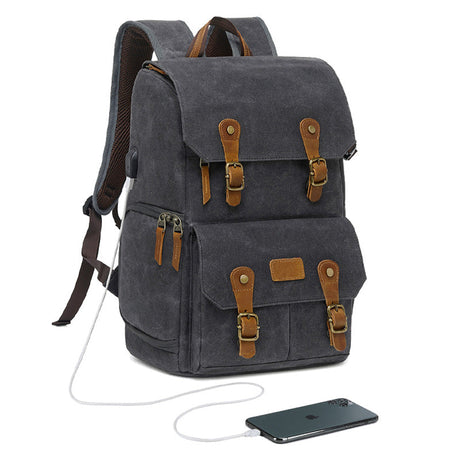 Vintage Camera Backpack  Canvas  Leather USB Travel Bag - Product showcase