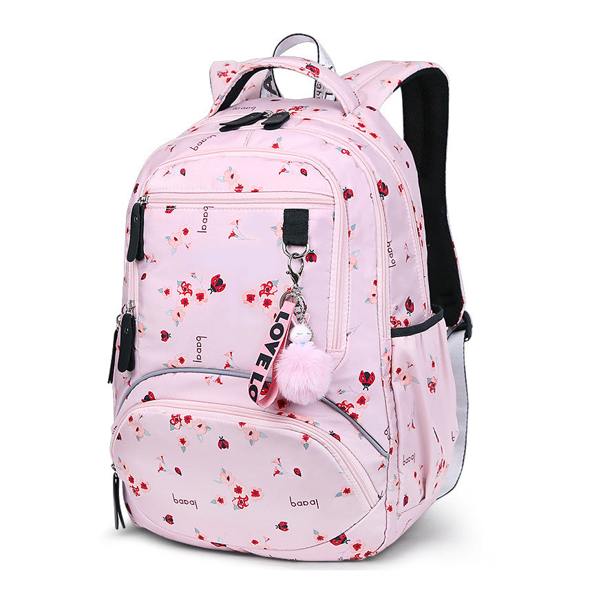 Floral School Backpack Pink Botanical Print With Pom Charm - Product showcase