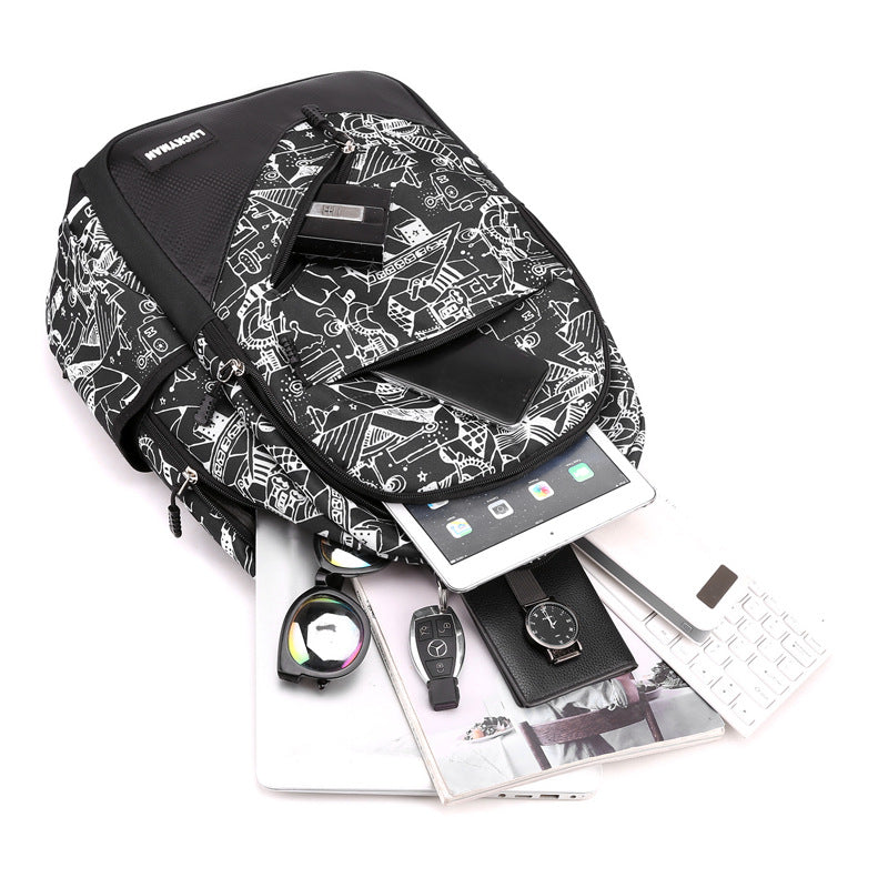 Urban Graphic Backpack  Black  White Geometric Pattern - Product example