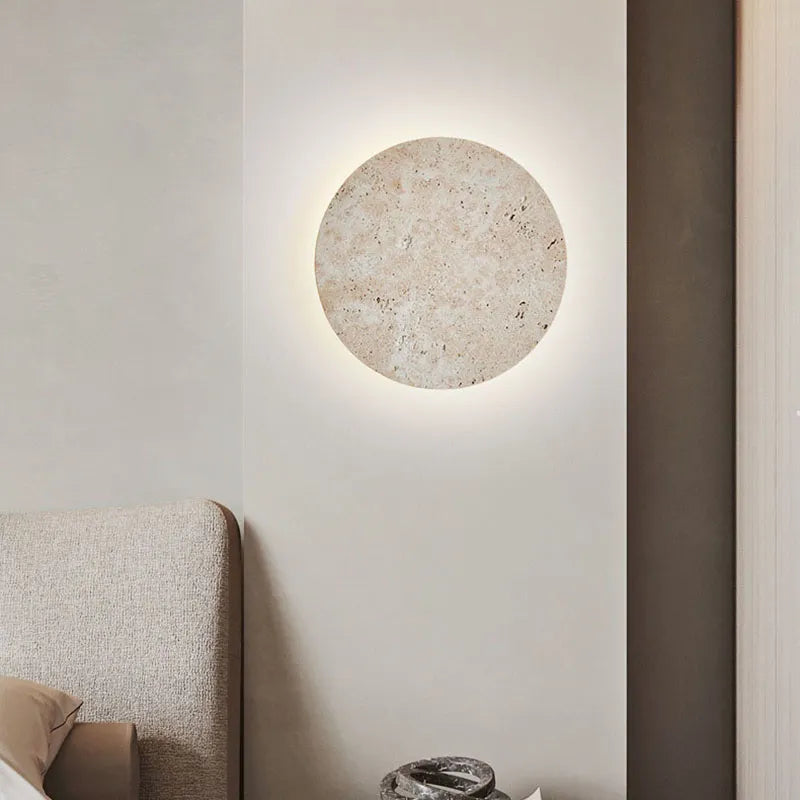 Round Travertine Wall Light Natural Stone LED Sconce - Detailed view