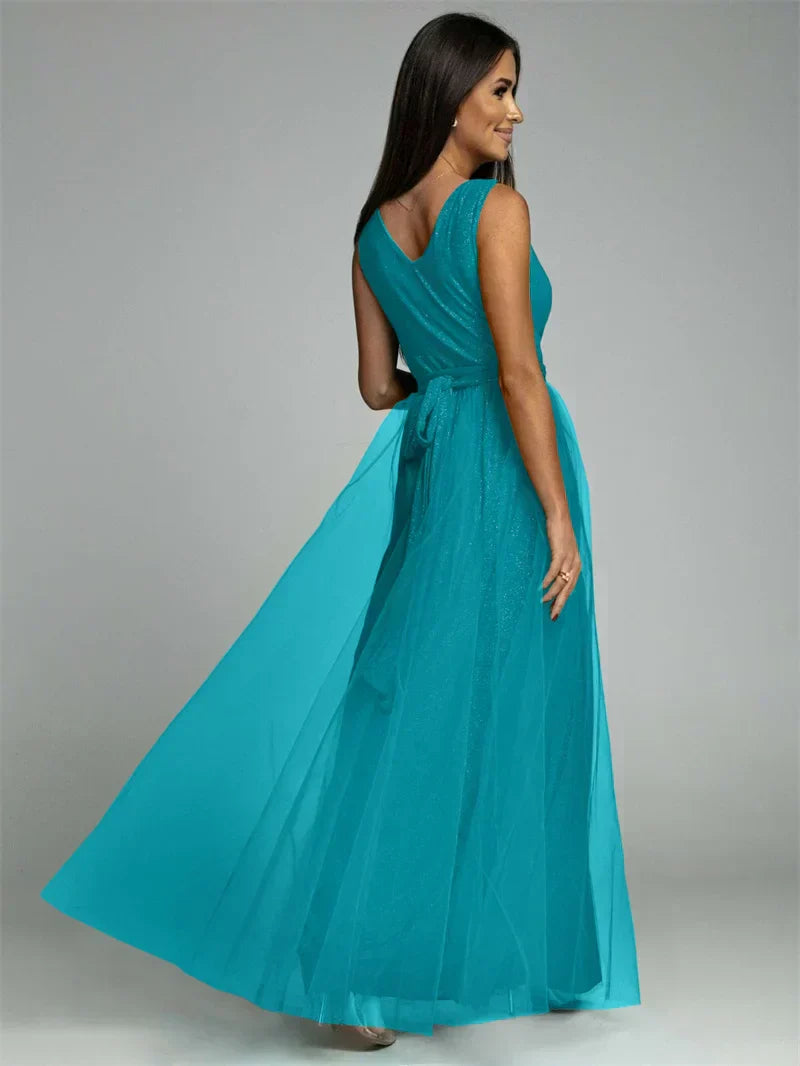 Evening Gown Maxi Dress V-Neck Split Mesh Design - Product detail 7