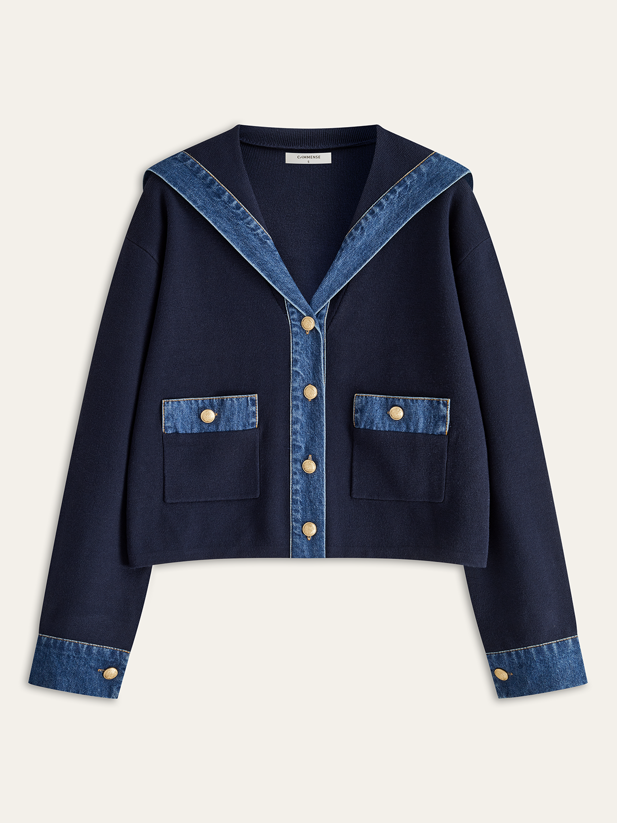 Navy Denim Trim Cardigan Sailor Collar Gold Button Design - Product showcase