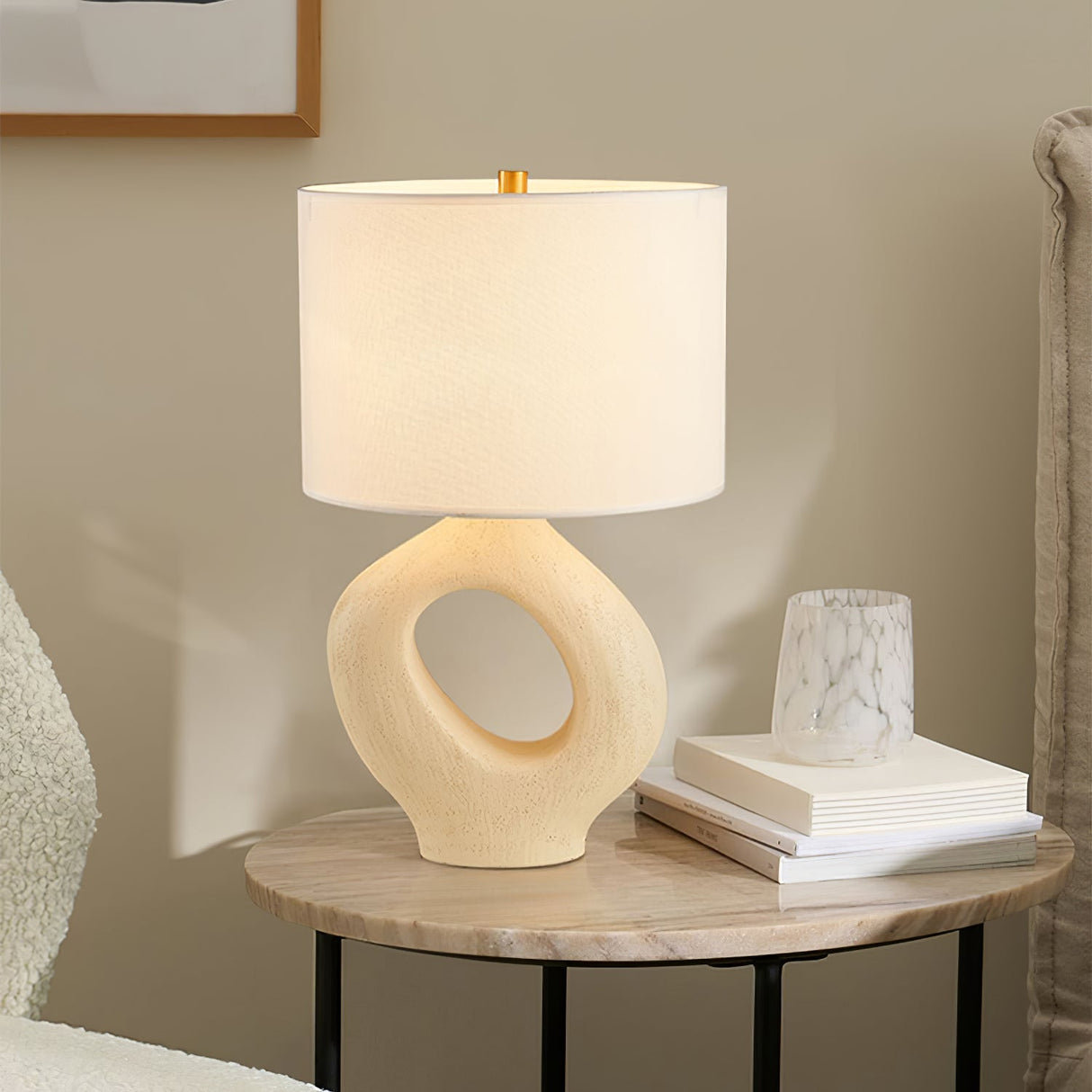 Modern Resin Table Lamp Sculptural Base with Linen Shade - Detailed view