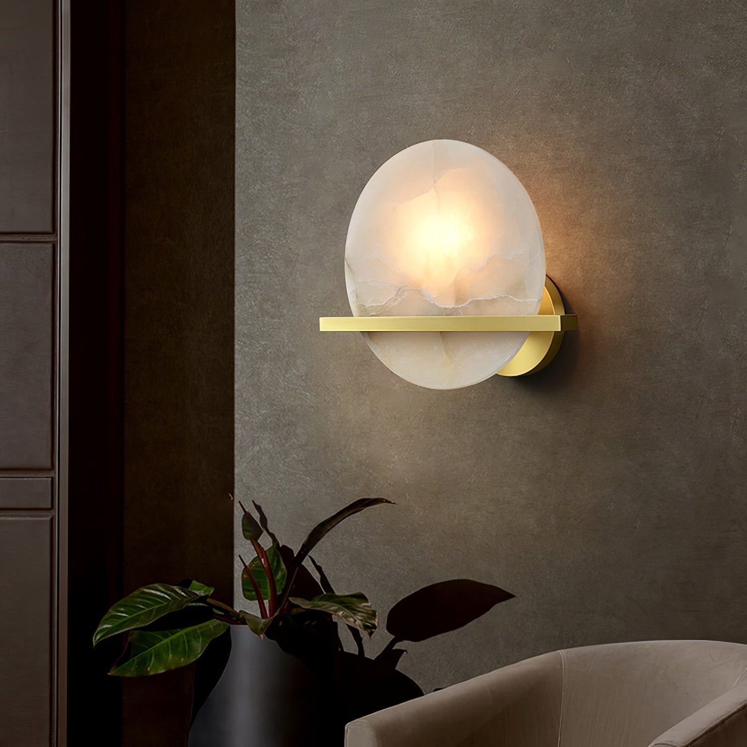 Modern Marble Wall Light  Round Alabaster with Brass Accent - Detailed view