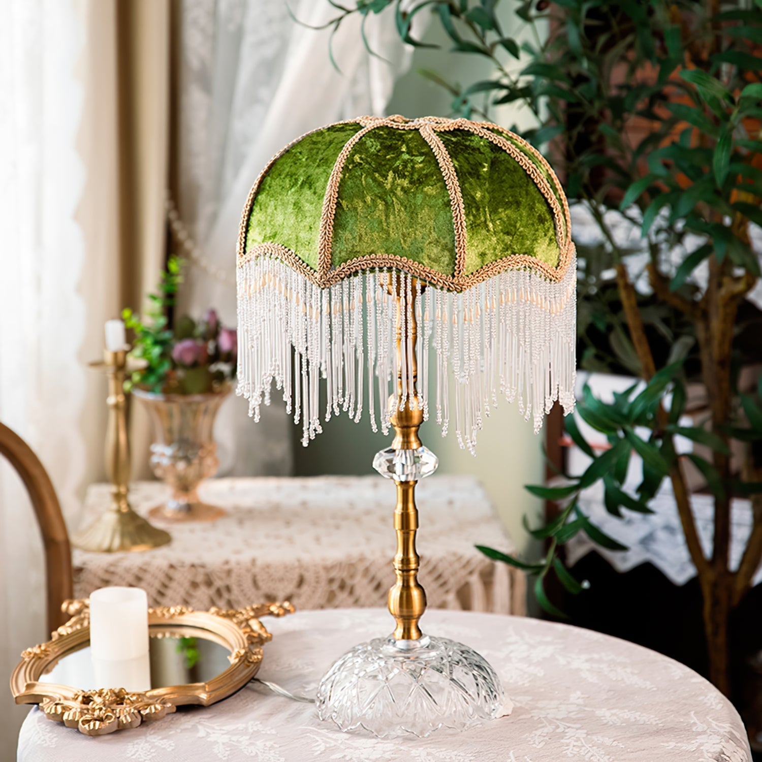 Victorian Table Lamp  Green Velvet Crystal Fringe Shade - Detailed view