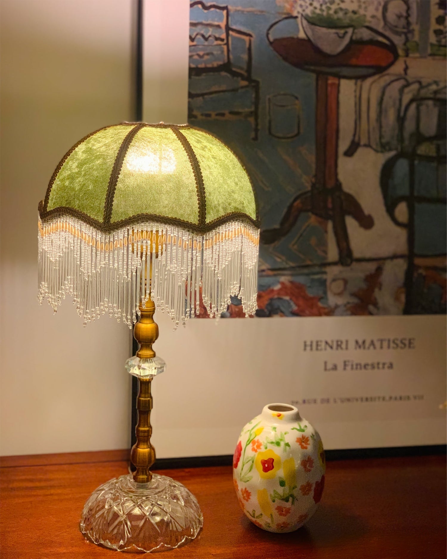 Victorian Table Lamp  Green Velvet Crystal Fringe Shade - Product detail 15