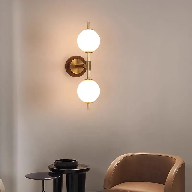 Modern Dual Globe Wall Light Brass Wood Accent Design - Product example