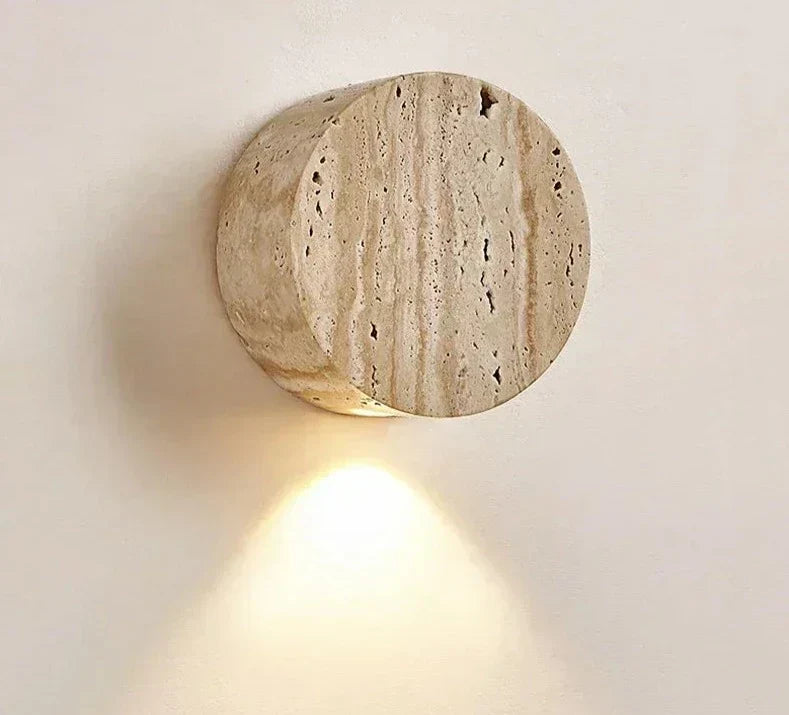 Modern Travertine Wall Light Natural Stone Round Sconce - Detailed view