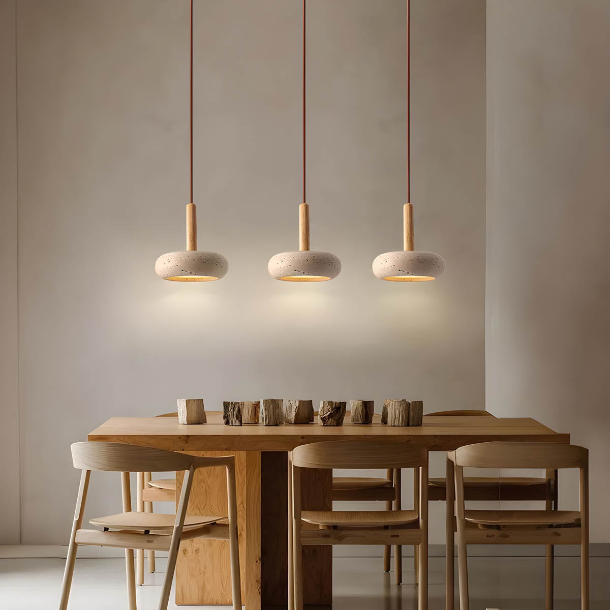 Natural Stone Pendant Light Yellow Travertine With Wood Accent - Product example