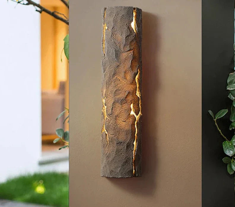 Modern Outdoor Wall Light Textured Stone Resin with Gold Accents - Detailed view