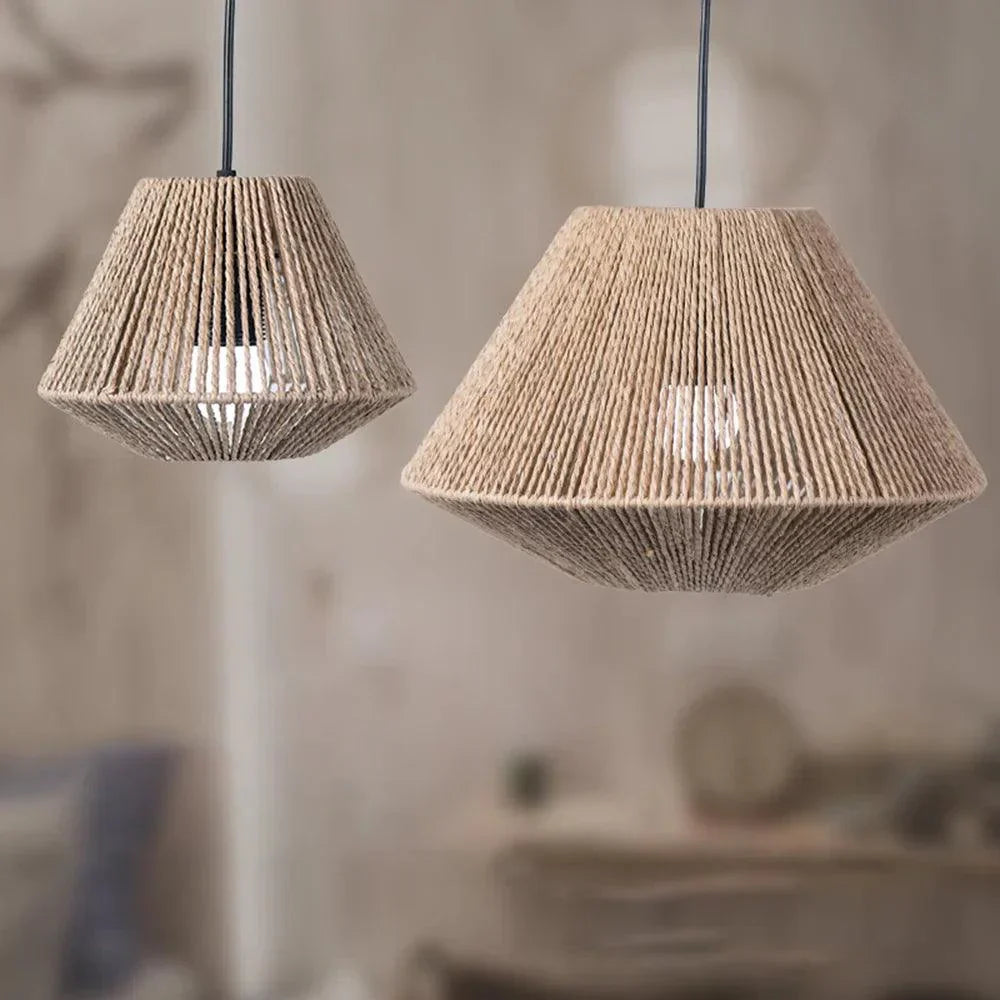 Geometric Wooden Ceiling Light Natural Jute Rope Design - Detailed view