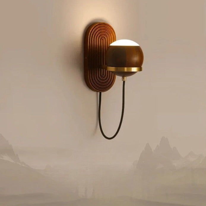 Modern Spherical Wall Lamp Walnut Wood Globe Design - Detailed view