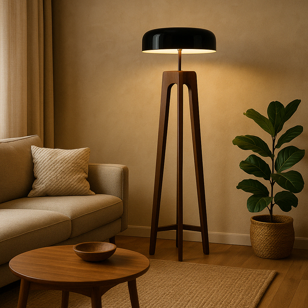 Modern Floor Lamp Walnut Tripod Base with Black Dome Shade - Detailed view