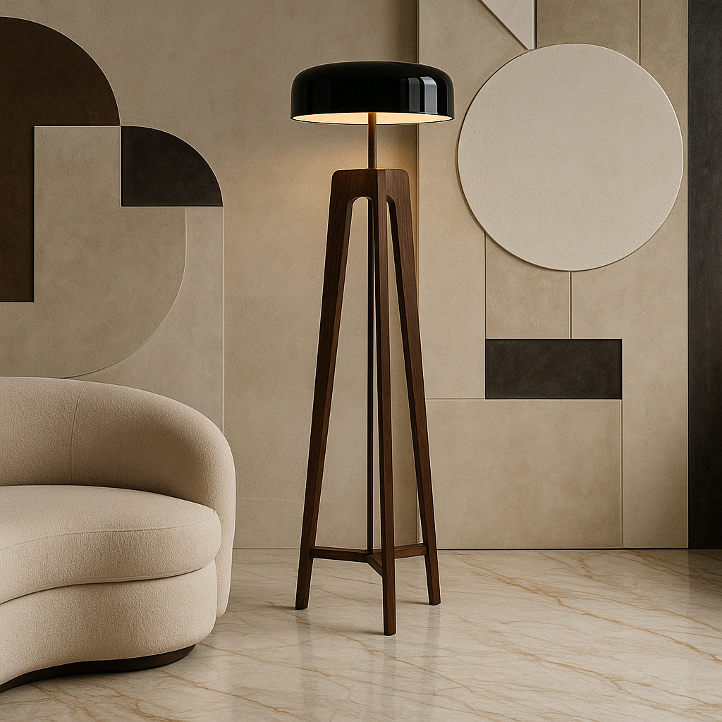 Modern Floor Lamp Walnut Tripod Base with Black Dome Shade - Product example