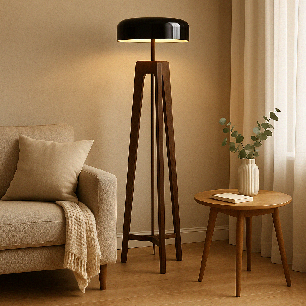 Modern Floor Lamp Walnut Tripod Base with Black Dome Shade - Product detail 4