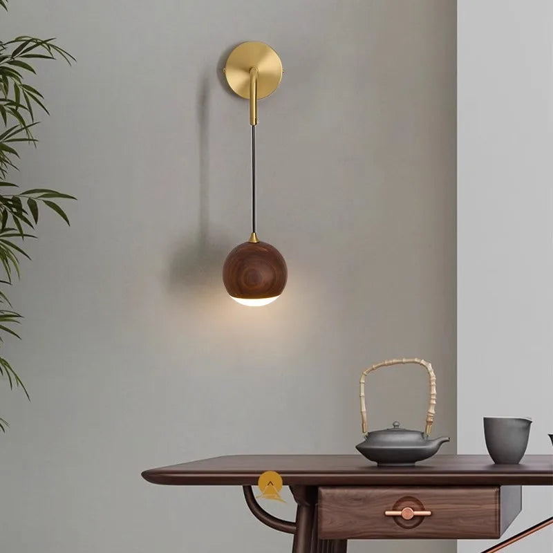 Modern Wall Sconce Walnut Wood Globe with Brass Stem - Product detail 5
