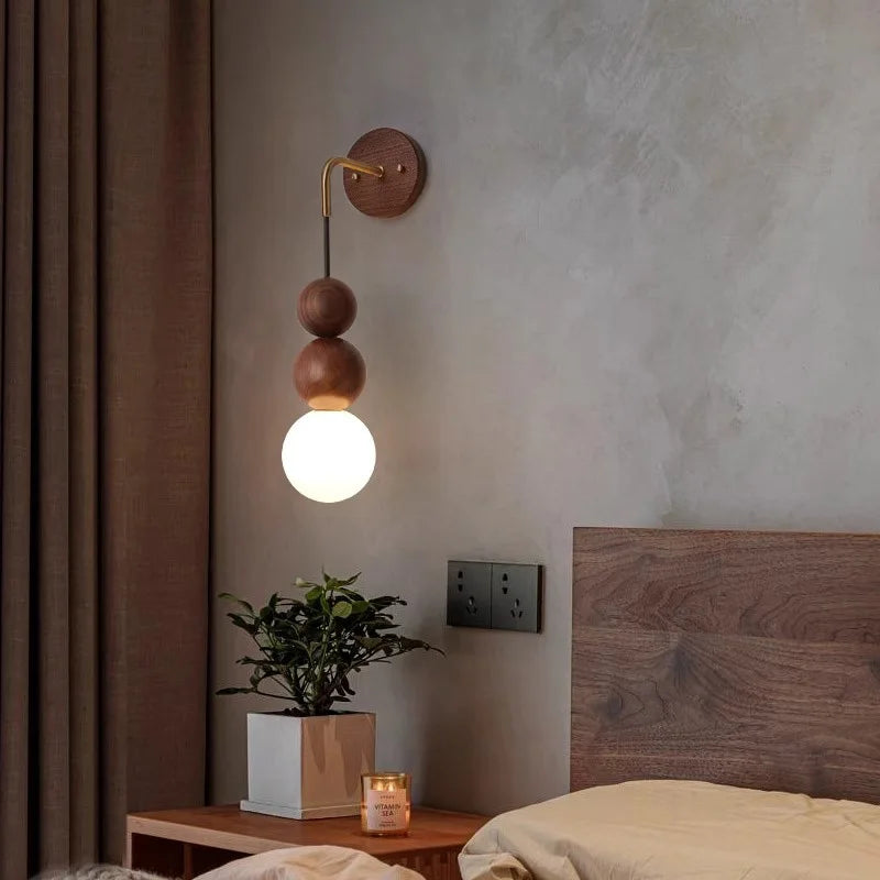 Modern Wall Lamp Walnut Wood Sphere Design - Product example
