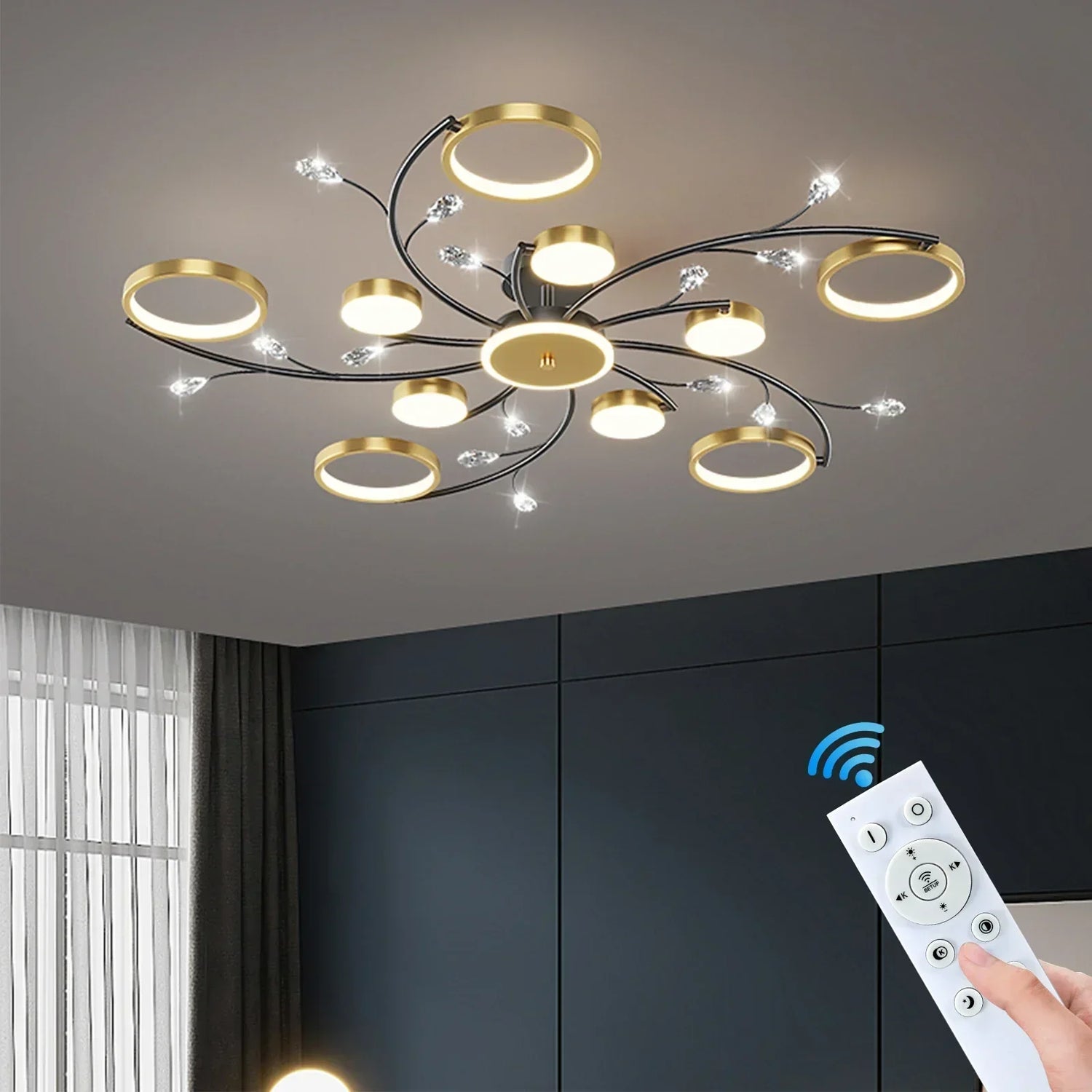 Modern LED Ceiling Light  Gold Rings Crystal Accents - Product showcase