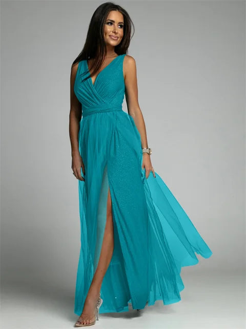 Evening Gown Maxi Dress V-Neck Split Mesh Design - Product detail 13