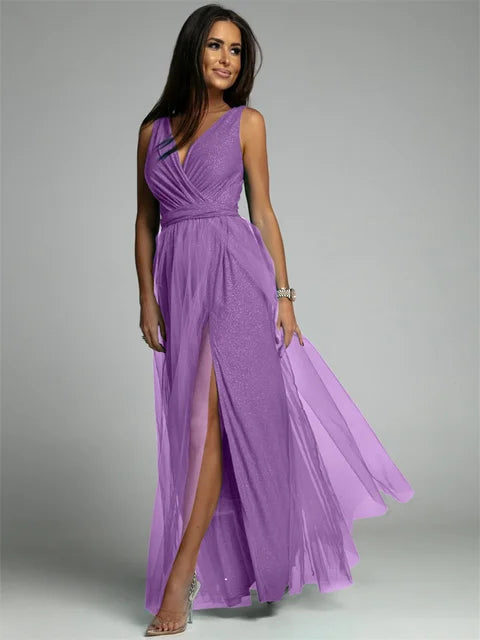 Evening Gown Maxi Dress V-Neck Split Mesh Design - Product detail 15