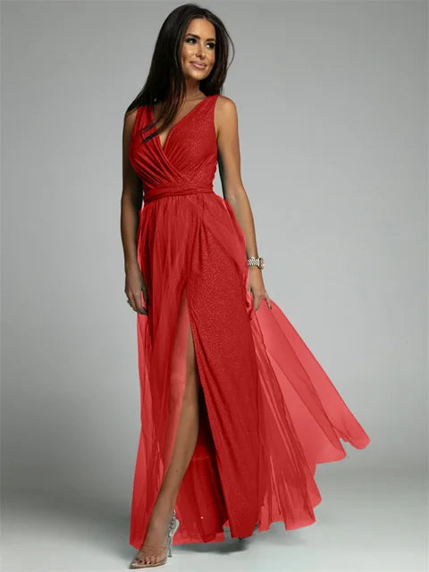 Evening Gown Maxi Dress V-Neck Split Mesh Design - Product detail 16