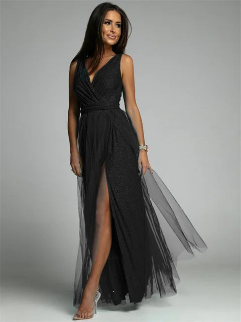 Evening Gown Maxi Dress V-Neck Split Mesh Design - Product detail 12