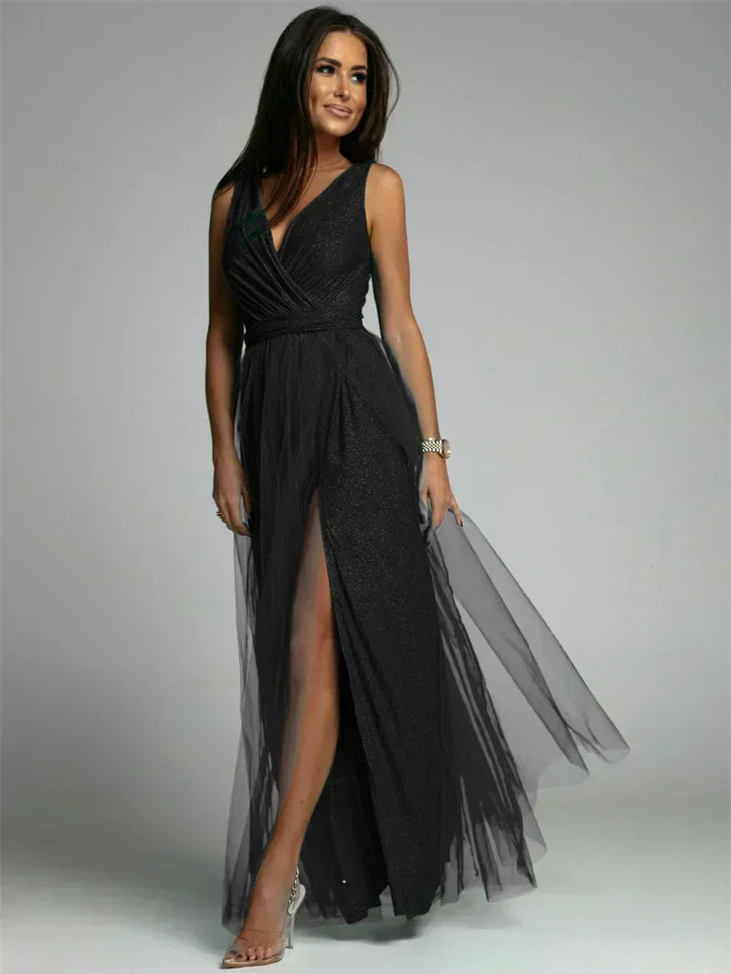 Evening Gown Maxi Dress V-Neck Split Mesh Design - Product detail 4