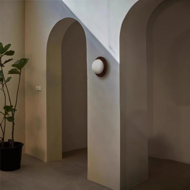 Modern Wall Light Walnut Wood Base with Glass Globe - Product example