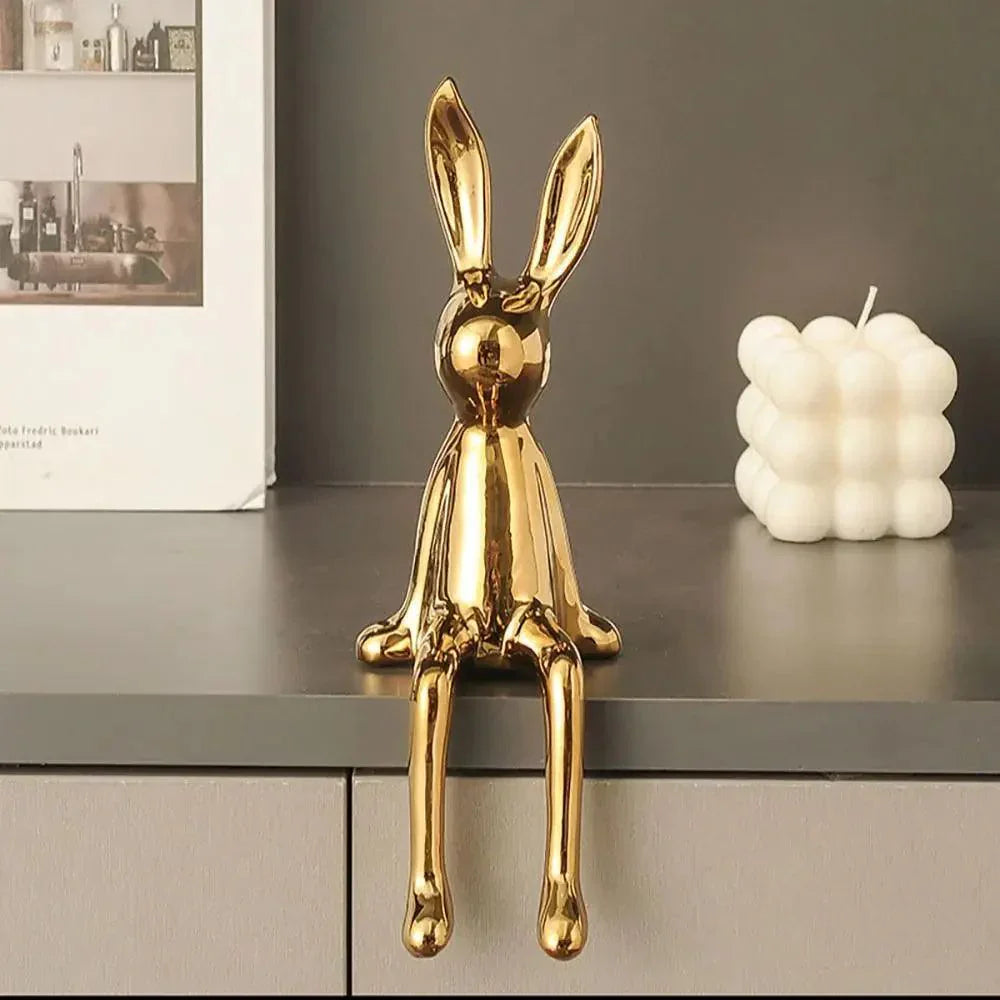 Modern Rabbit Figurine Gold Metallic Shelf Decor - Detailed view