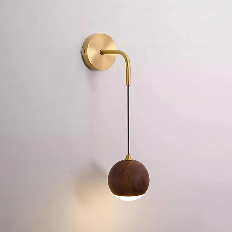 Modern Wall Sconce Walnut Wood Globe with Brass Stem - Product detail 6