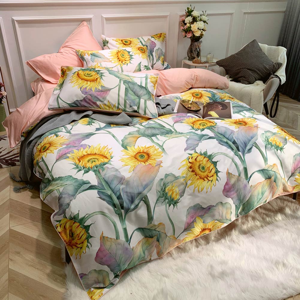 Egyptian Cotton Duvet Set  Watercolor Sunflower Pattern - Detailed view