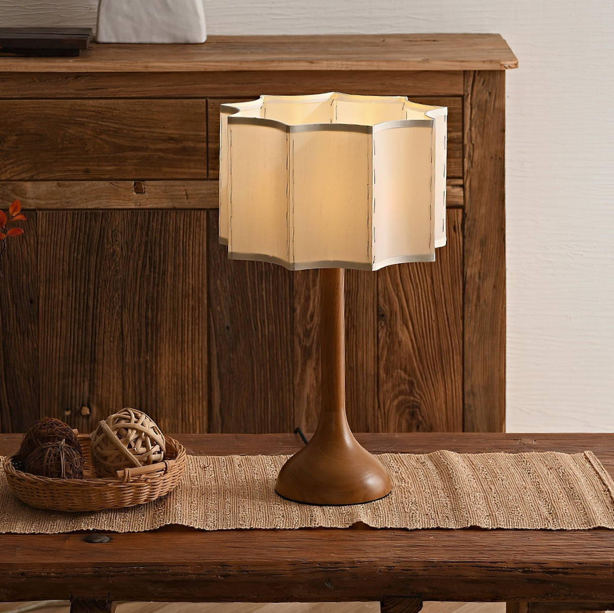 Modern Table Lamp Walnut Wood Base with Pleated Shade - Detailed view