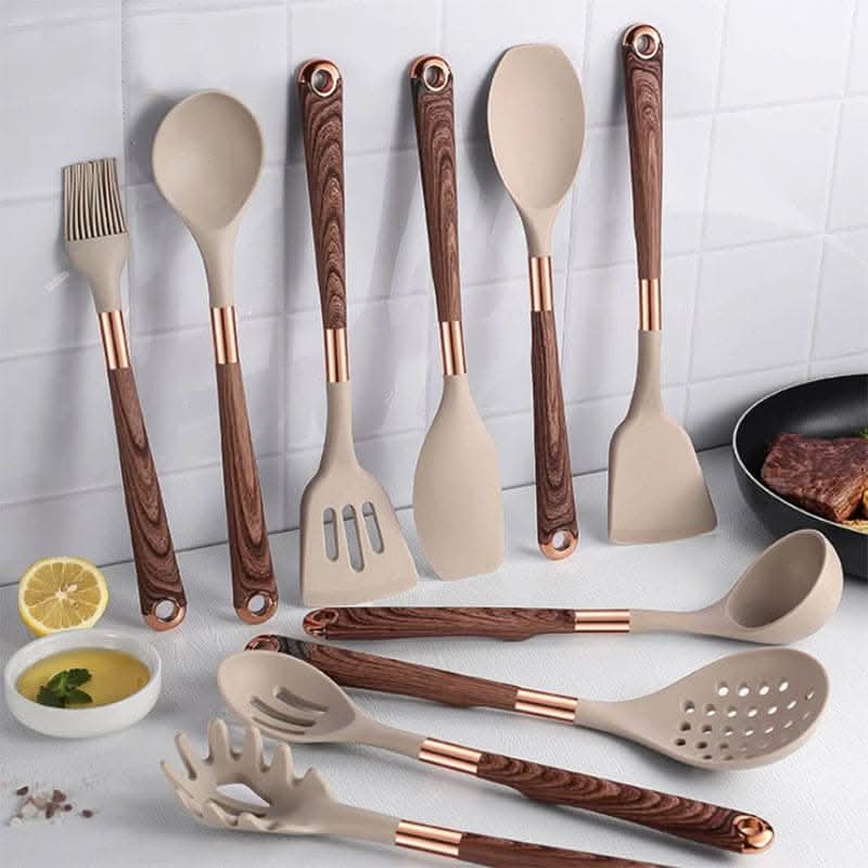 Silicone Kitchen Utensil Set Wood Handle Rose Gold Accents - Product showcase