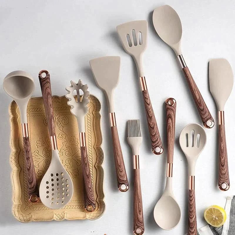 Silicone Kitchen Utensil Set Wood Handle Rose Gold Accents - Product example