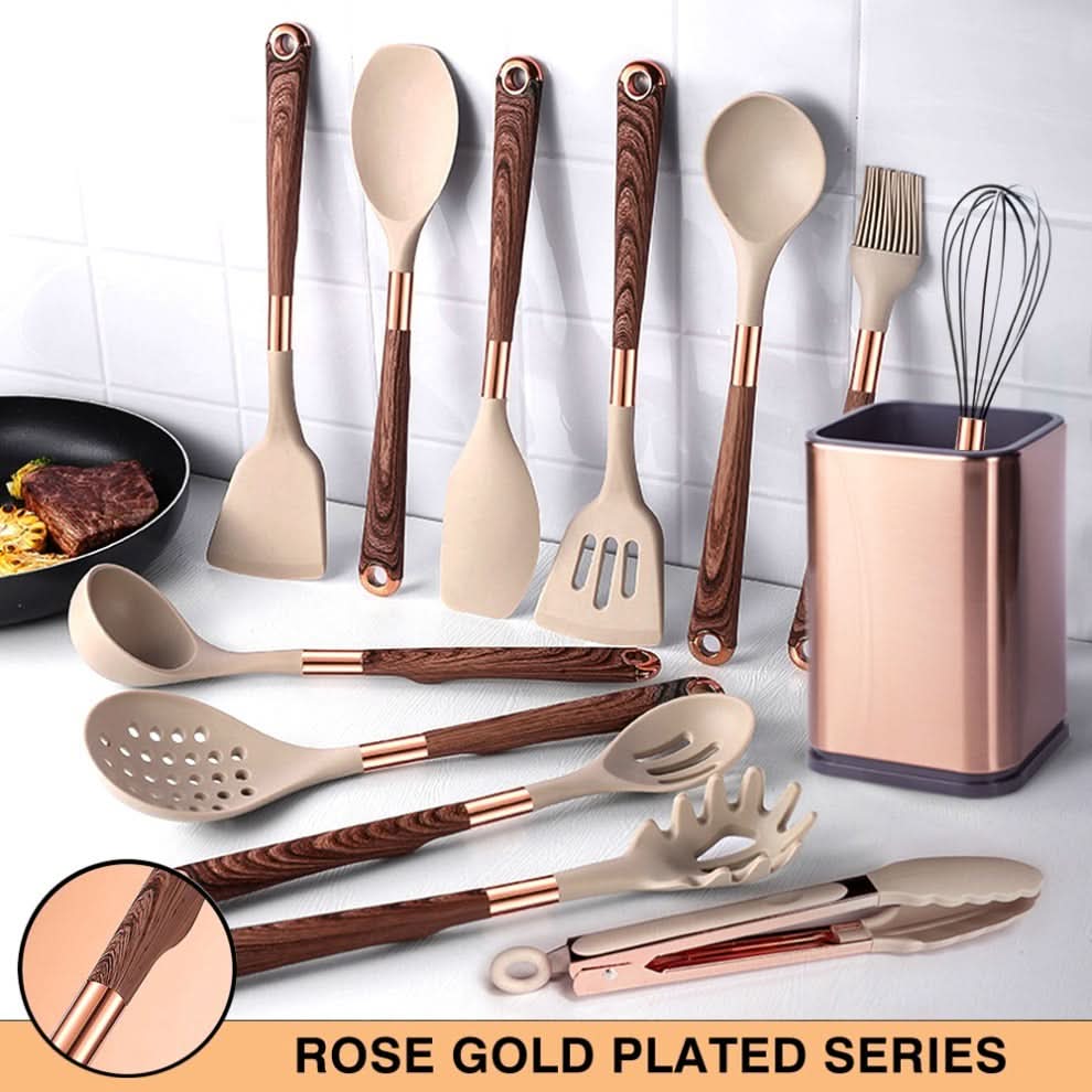 Silicone Kitchen Utensil Set Wood Handle Rose Gold Accents - Product detail 7