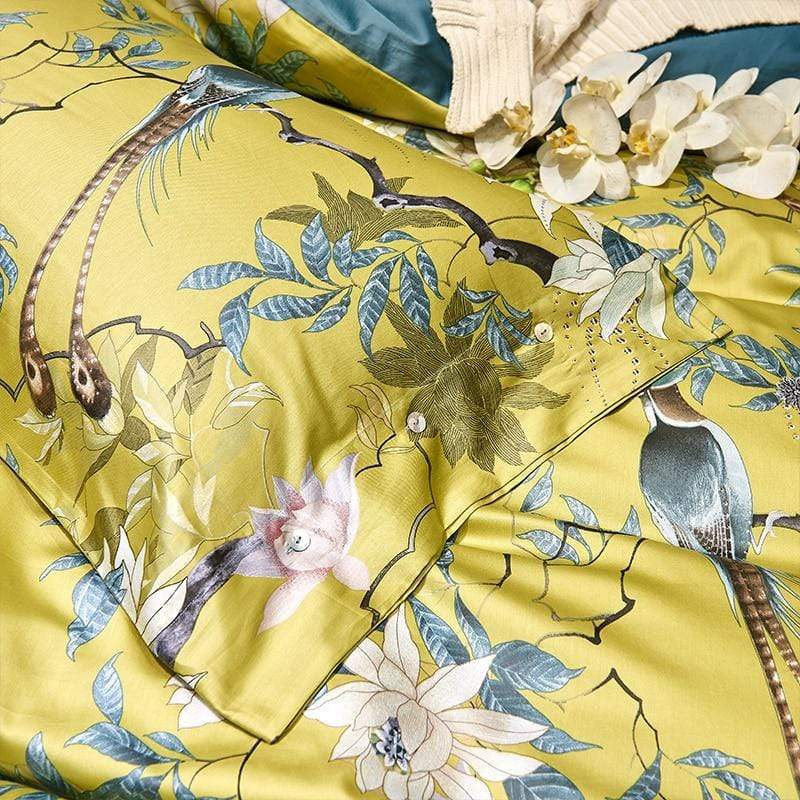 Botanical Cotton Pillowcase Set Yellow Floral Print With Birds - Product showcase