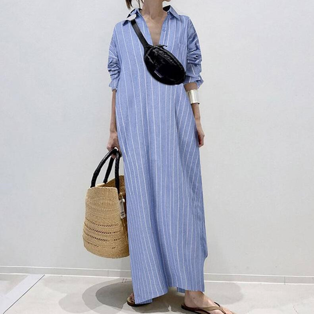 Striped Maxi Dress Relaxed Cotton Blend Long Shirt Style - Product detail 6