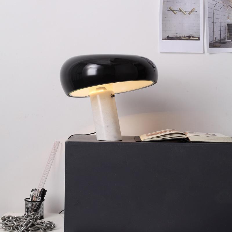 Modern Marble Table Lamp Carrara Base Black Dome Shade - Detailed view