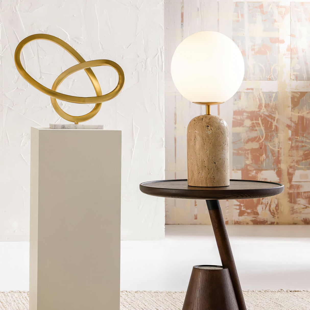 Modern Table Lamp Travertine Base With Glass Globe - Detailed view