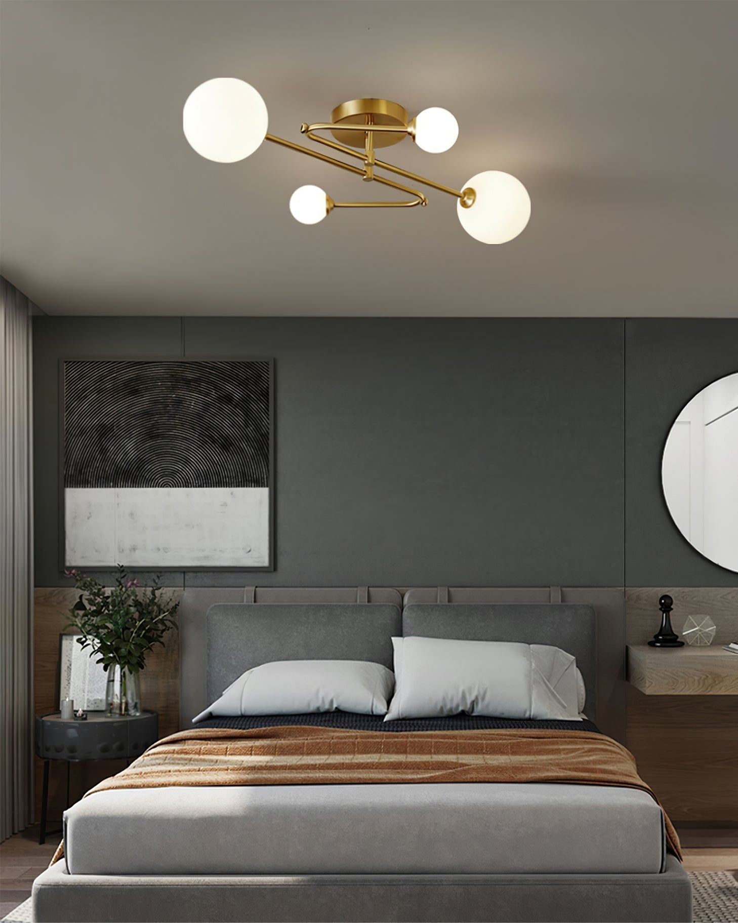 Modern Sputnik Ceiling Light  Brass Arms with Glass Globes - Detailed view