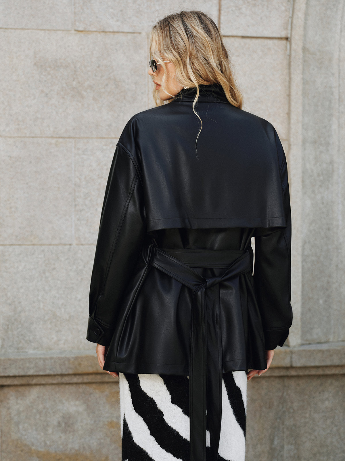 Stand Collar Leather Jacket Belted PU Quilted Design - Product detail 6