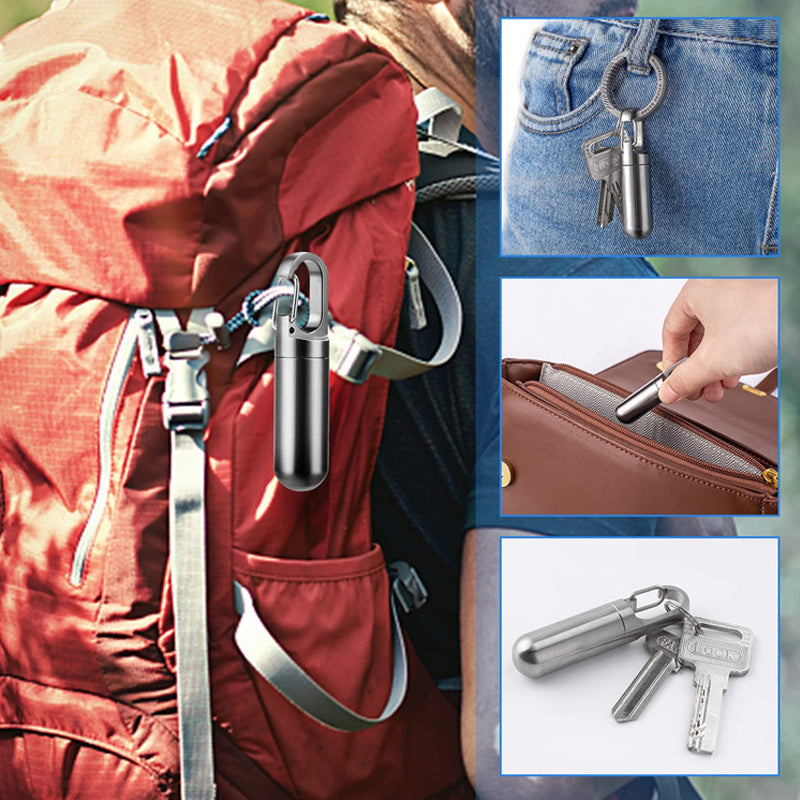 Stainless Steel Pill Box Waterproof Keychain Medication Container - Product example