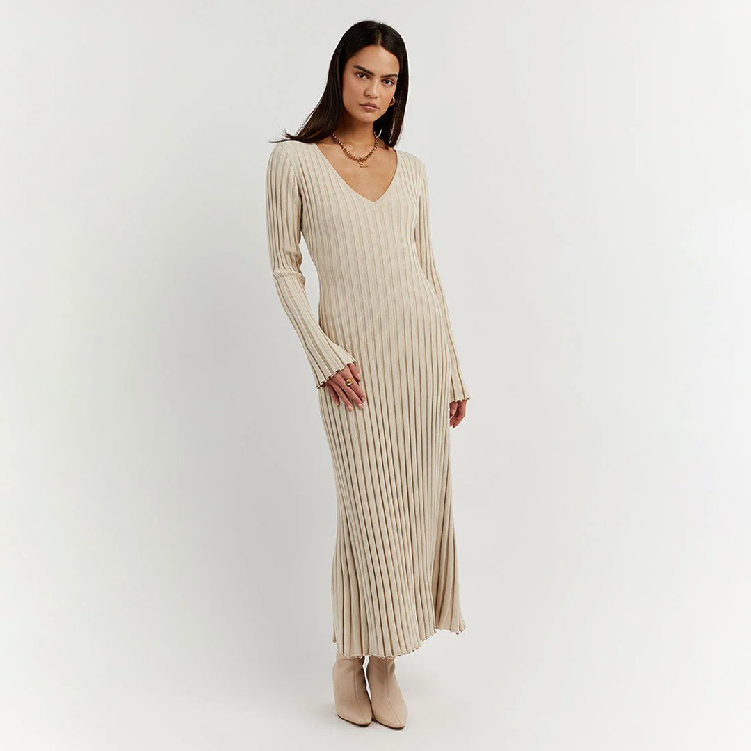 Ribbed Knit Maxi Dress V-Neck Long Sleeve Design - Detailed view