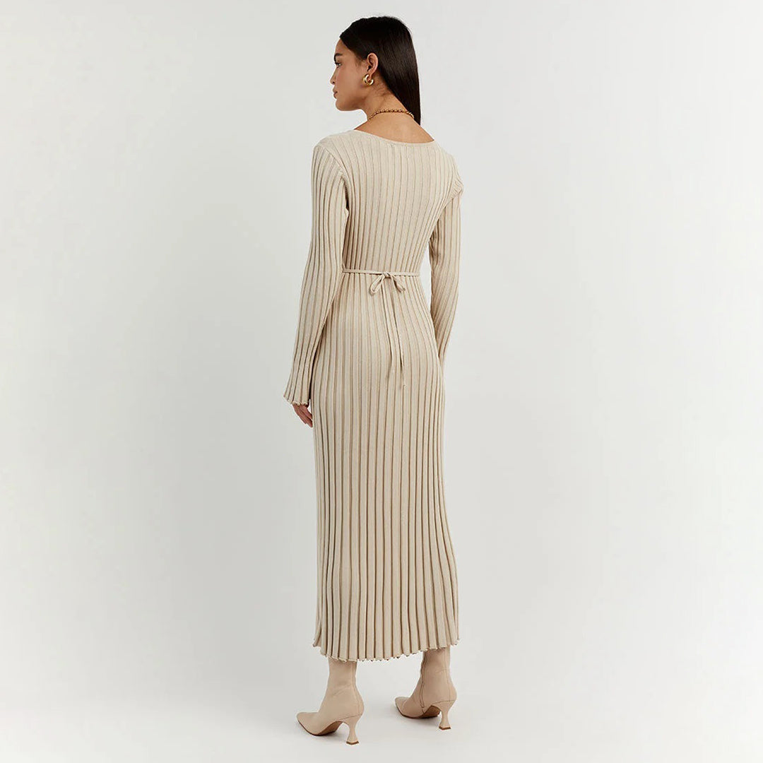 Ribbed Knit Maxi Dress V-Neck Long Sleeve Design - Product detail 4