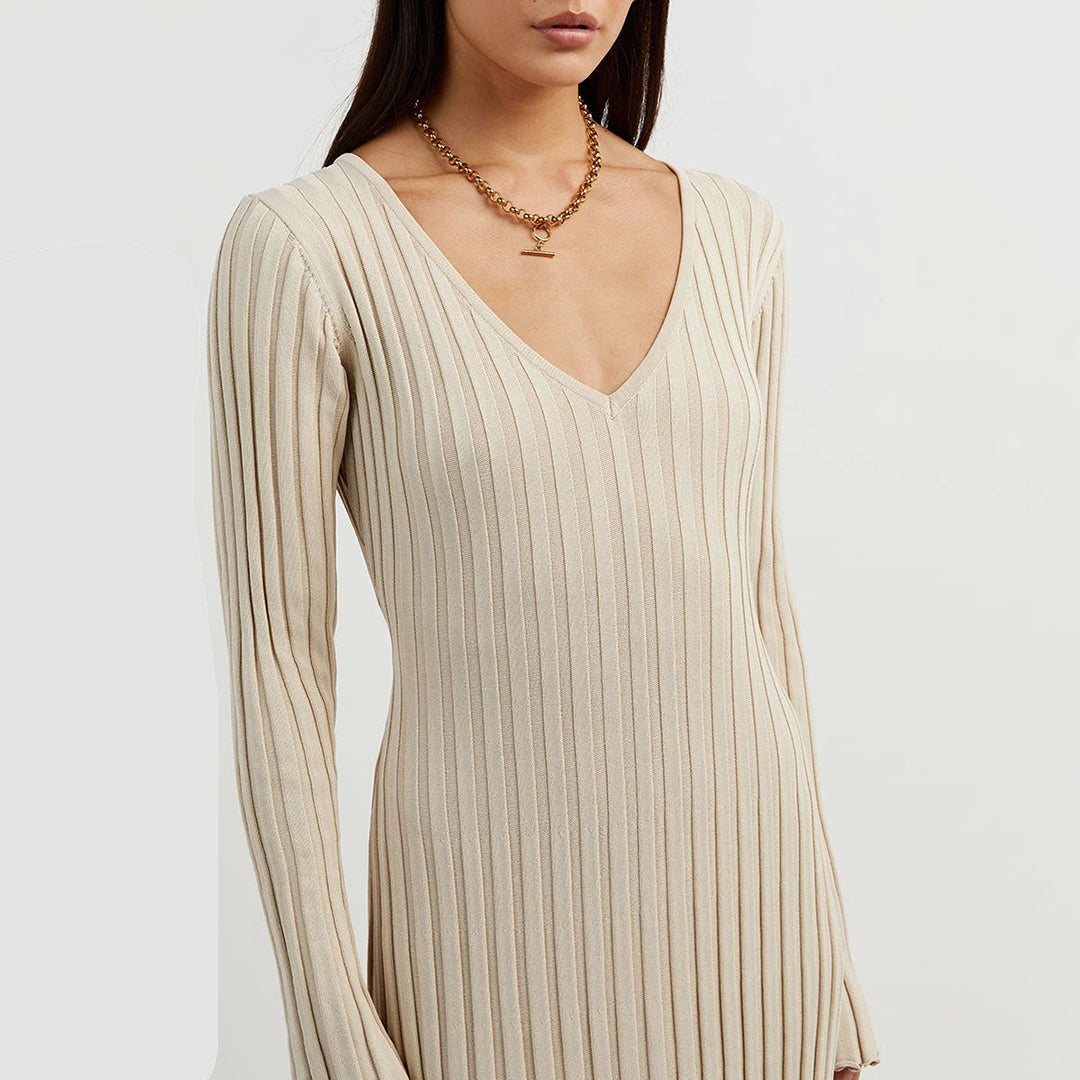 Ribbed Knit Maxi Dress V-Neck Long Sleeve Design - Product detail 5