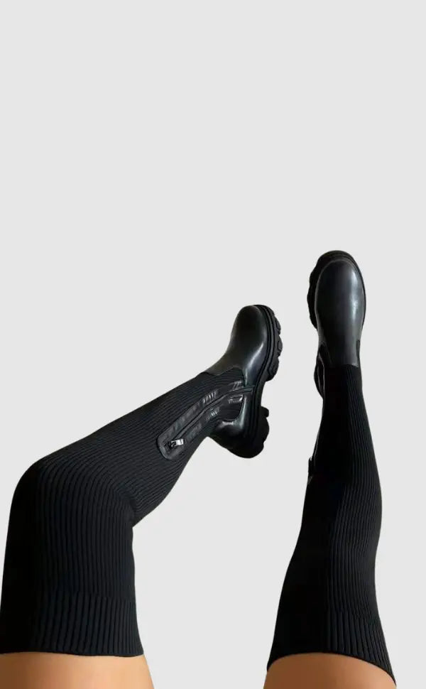 Ribbed Knit Boots Stretchy Knee High Design - Detailed view
