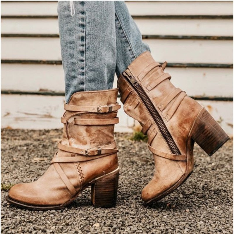 Vintage Leather Ankle Boots Strappy Buckle Design With Block Heel - Product showcase