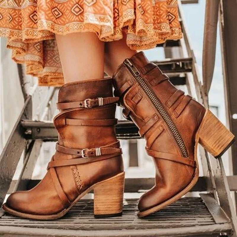 Vintage Leather Ankle Boots Strappy Buckle Design With Block Heel - Product example